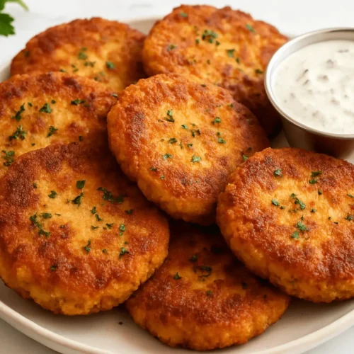 Crispy golden salmon cakes on a white plate with creamy dipping sauce.