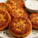 Golden-brown salmon cakes garnished with parsley, served with creamy dipping sauce on a white plate.
