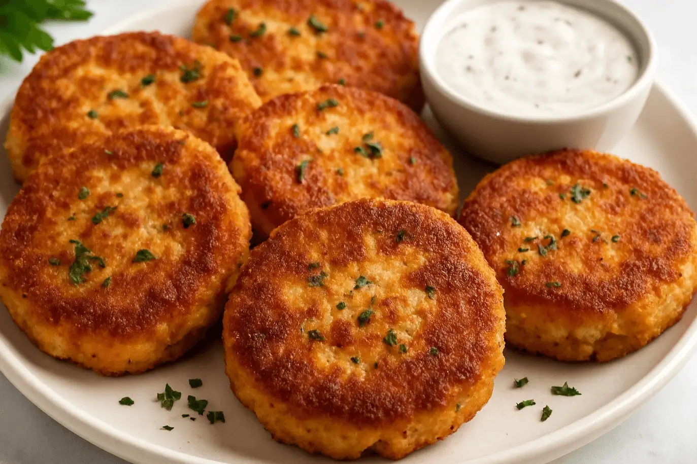 Golden-brown salmon cakes garnished with parsley, served with creamy dipping sauce on a white plate.