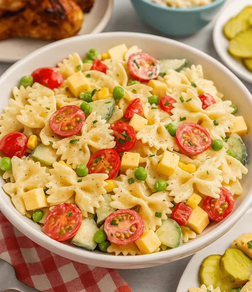 Creamy bow tie pasta salad served in a white bowl with cherry tomatoes, peas, cheddar cubes, cucumber, and corn.