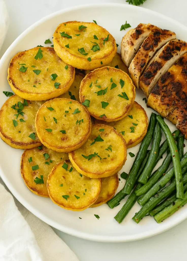 Crispy fried yellow squash served with roasted chicken and green beans on a white plate.