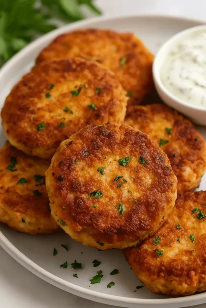 Crispy golden-brown salmon cakes served on a white plate with creamy dipping sauce.