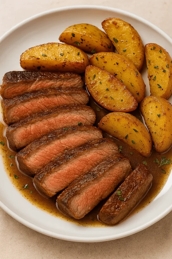 Steak and roasted potatoes served on a white plate with savory pan sauce.