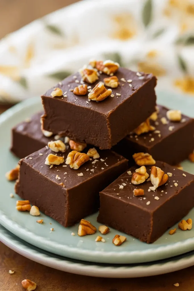 Stack of homemade chocolate fudge squares topped with chopped nuts on a light blue plate