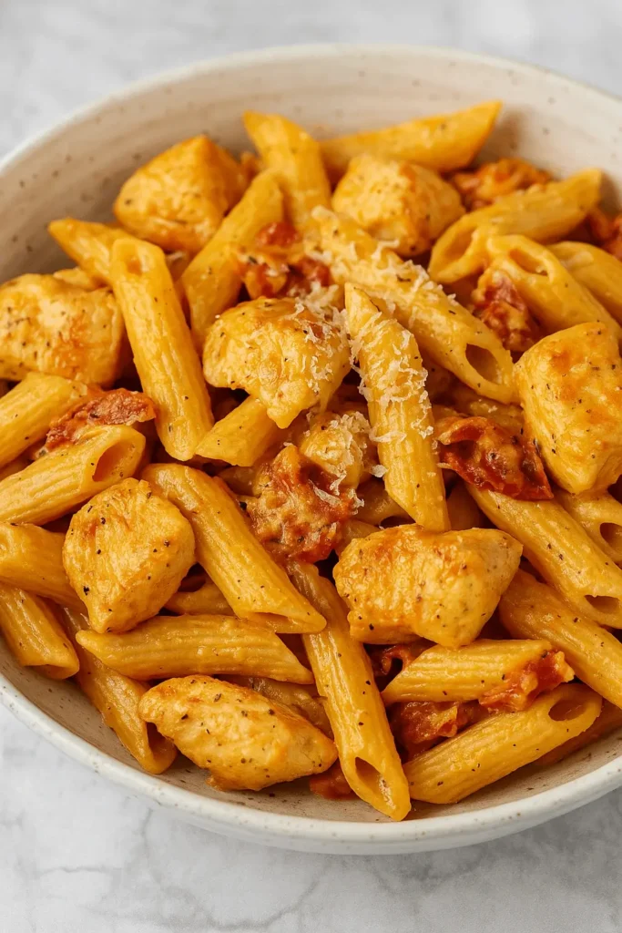 Close-up of creamy Marry Me Chicken Pasta with penne, tender chicken bites, sun-dried tomatoes, and grated cheese in a cozy bowl