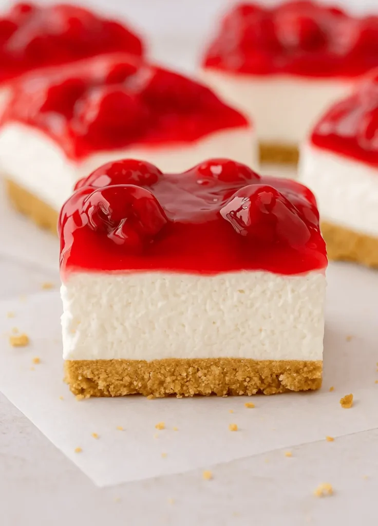 Single slice of cherry delight with graham cracker crust, creamy filling, and cherry topping on parchment paper.