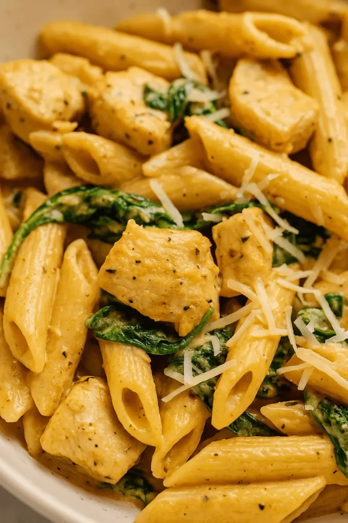 Creamy garlic parmesan chicken pasta with spinach and shredded cheese in a white bowl
