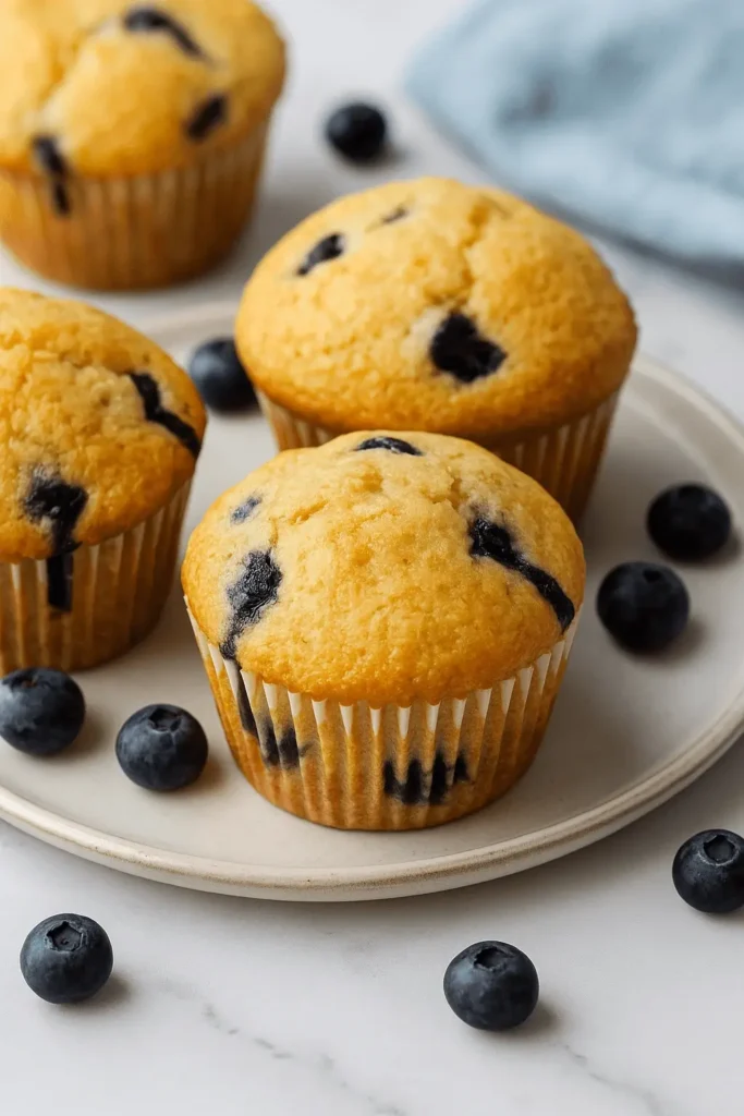 Golden blueberry muffins on a ceramic plate, surrounded by fresh blueberries on a marble surface