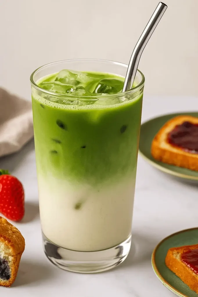A glass of iced matcha latte with a stainless steel straw, served with toast and fresh strawberries on a white background