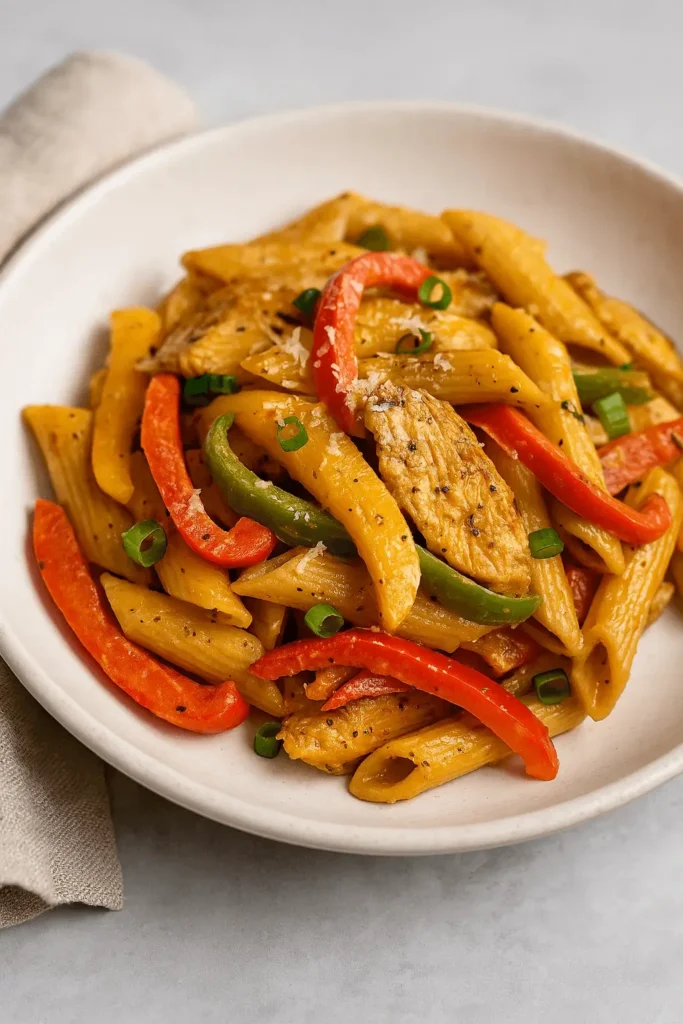 A close-up of creamy rasta pasta recipe served on a white plate, featuring penne pasta, red and green bell peppers, and jerk-seasoned chicken, garnished with green onions.