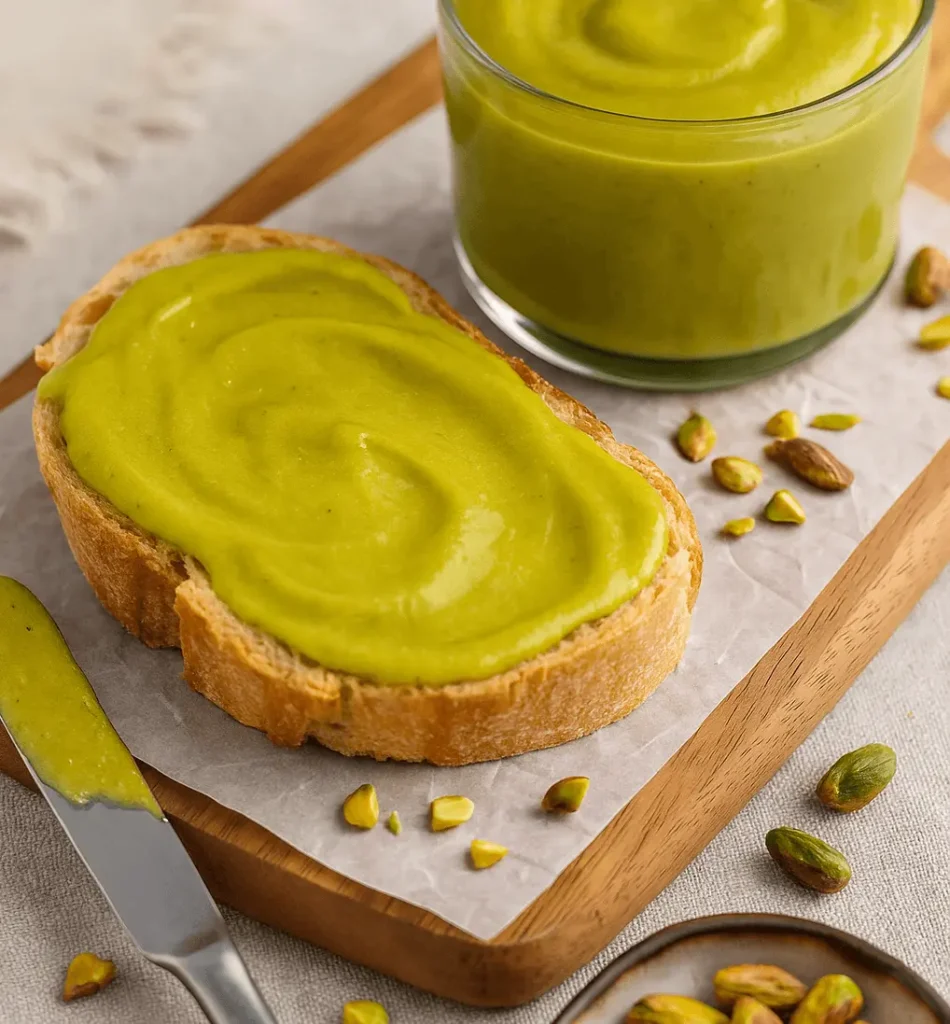 Slice of crusty bread generously spread with homemade pistachio cream, with a glass jar of the cream and scattered pistachios on a wooden board.