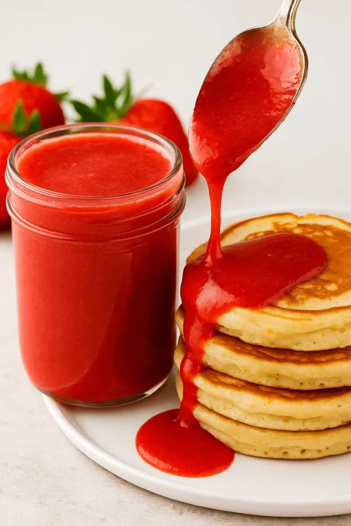 Strawberry puree being spooned over a stack of pancakes next to a glass jar of strawberry sauce.