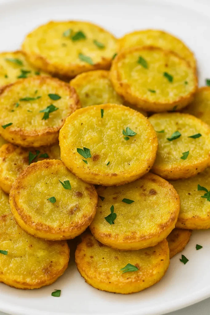 Close-up of crispy fried yellow squash slices garnished with parsley on a white plate.