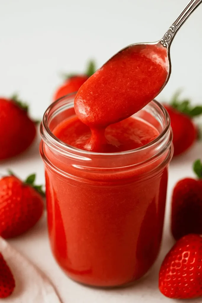A spoonful of vibrant strawberry puree being lifted from a glass jar, surrounded by fresh strawberries.