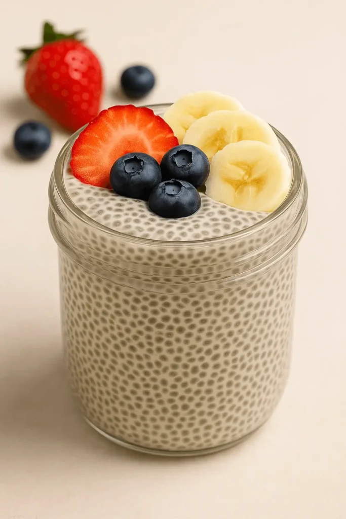 Chia seed pudding in a glass jar topped with fresh blueberries, banana slices, and a strawberry, with more berries in the background.