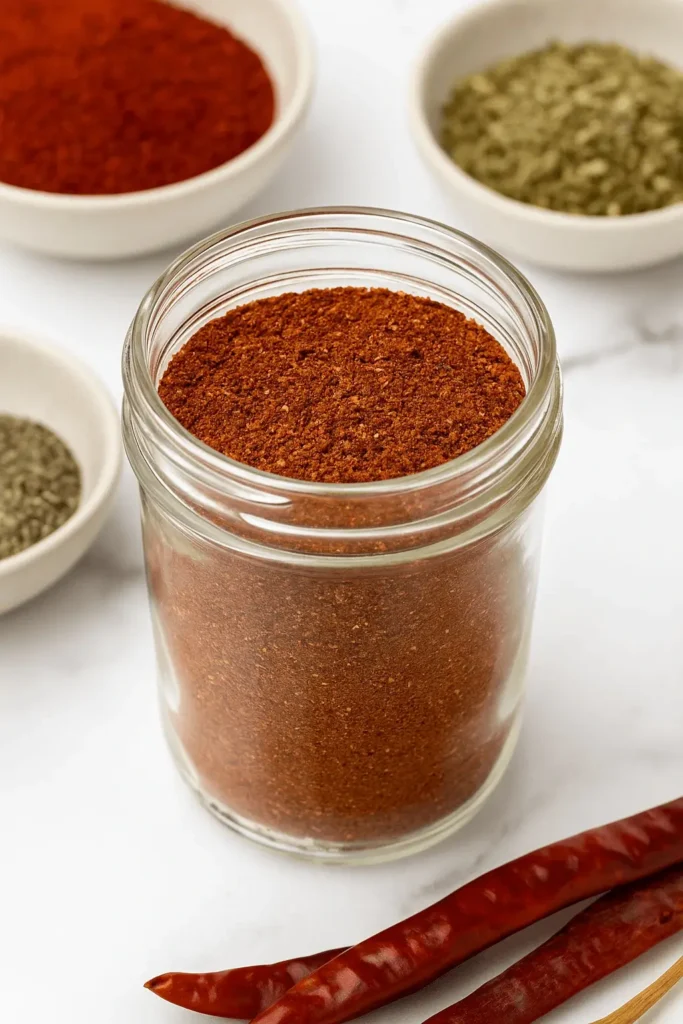 Glass jar filled with homemade chili seasoning mix, surrounded by dried chili peppers and small bowls of spices.