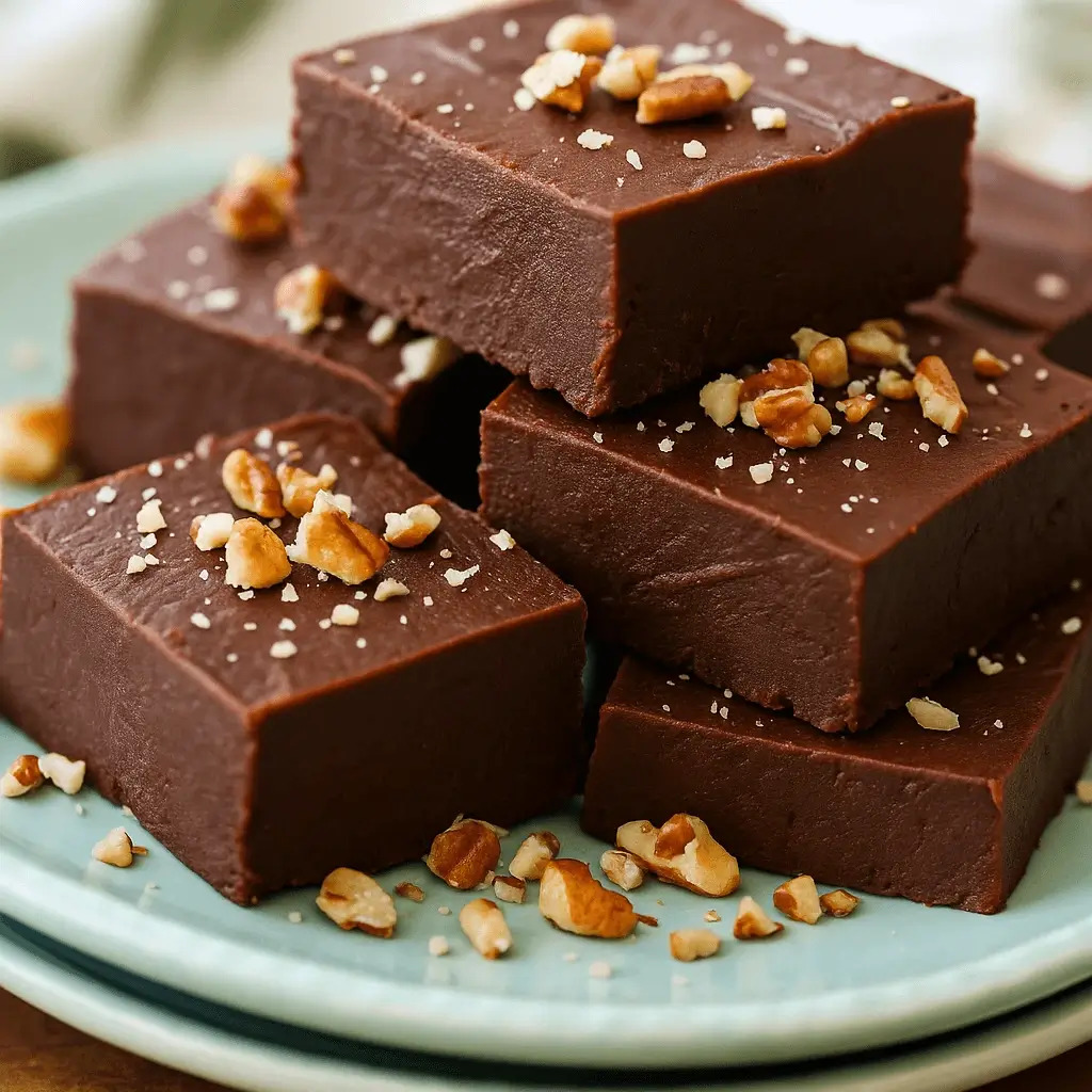 Close-up of homemade chocolate fudge squares topped with chopped walnuts on a blue plate