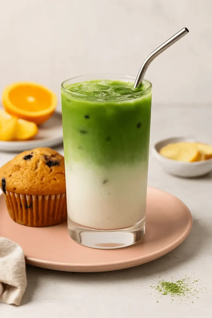 Iced matcha latte served with a blueberry muffin and orange slices on a pink plate