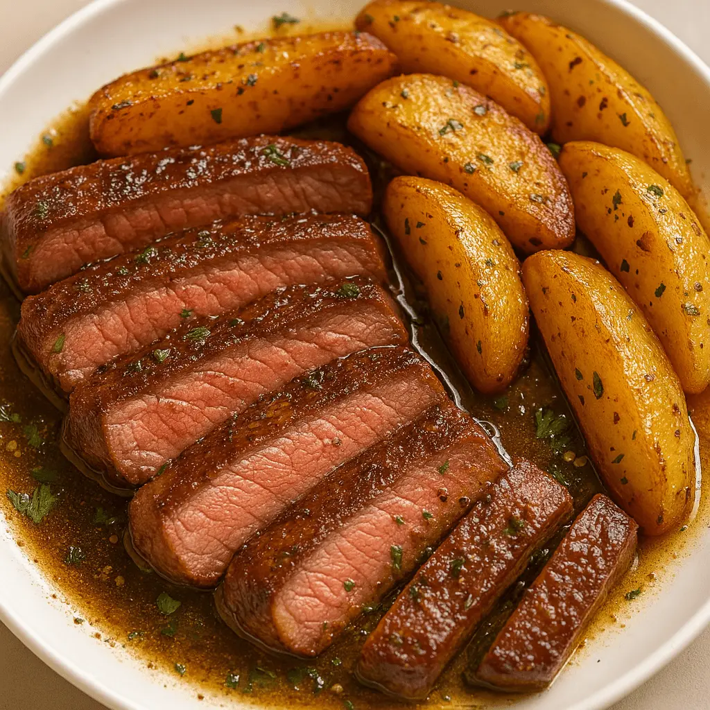 Tender sliced steak with roasted golden potatoes in savory sauce on a white plate.