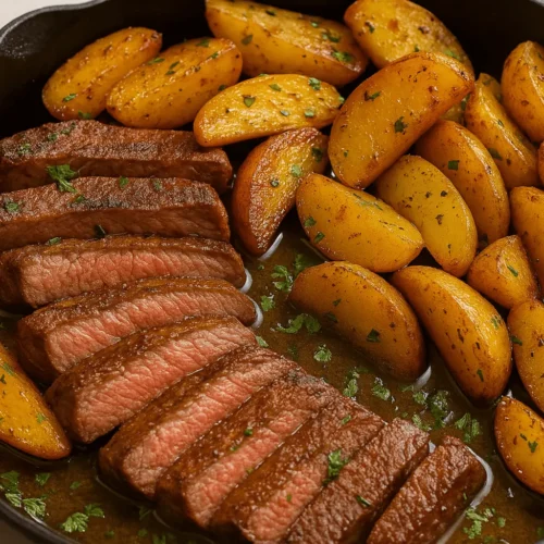 Juicy sliced steak and herb-roasted baby potatoes in a cast iron skillet, ready to serve.