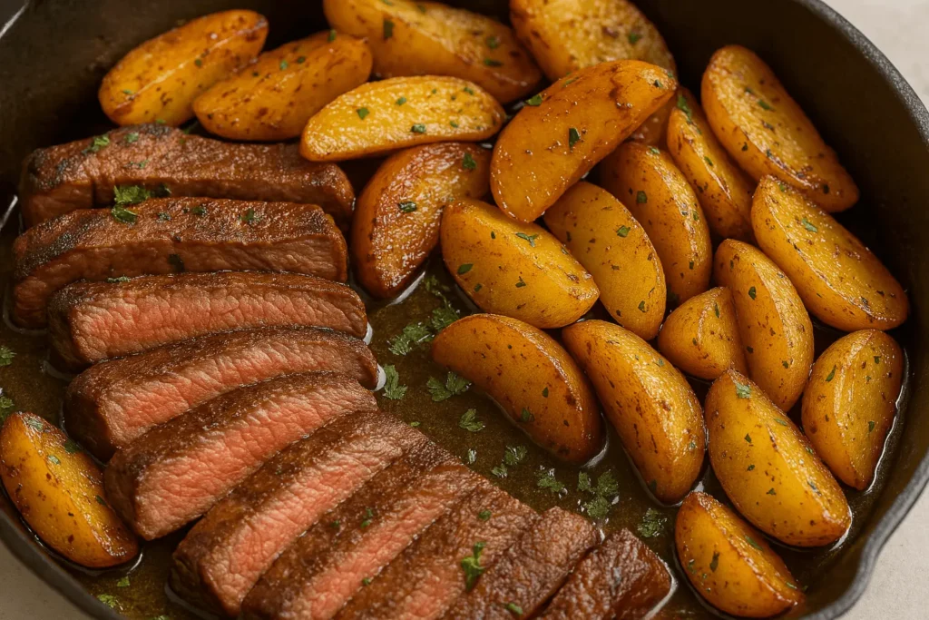 Close-up of juicy sliced steak and golden roasted potatoes in a skillet, garnished with fresh herbs.