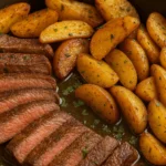 Close-up of juicy sliced steak and golden roasted potatoes in a skillet, garnished with fresh herbs.