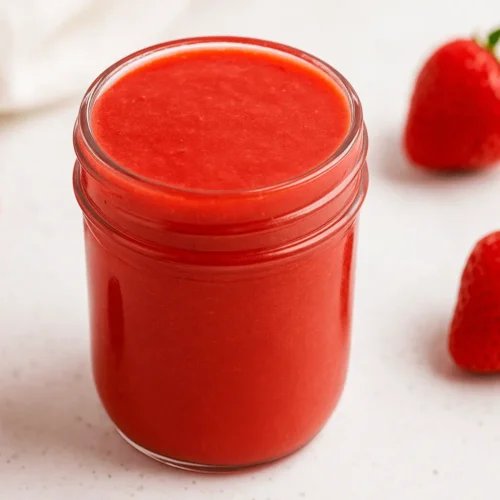 Fresh homemade strawberry puree in a glass jar with whole strawberries on a white background.