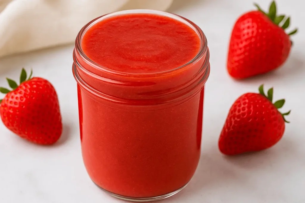 Homemade strawberry puree in a glass jar surrounded by fresh strawberries on a white surface.