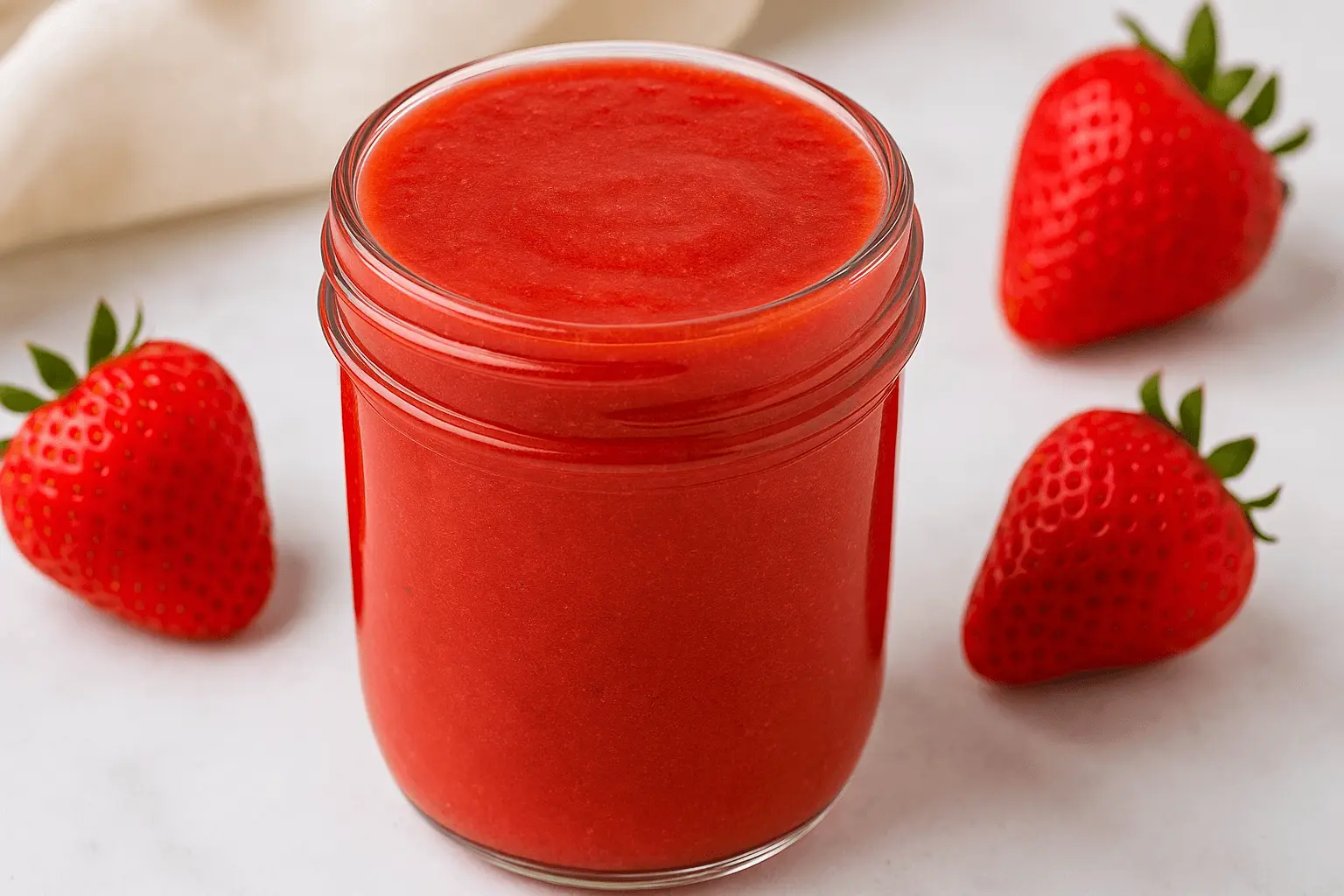 Homemade strawberry puree in a glass jar surrounded by fresh strawberries on a white surface.
