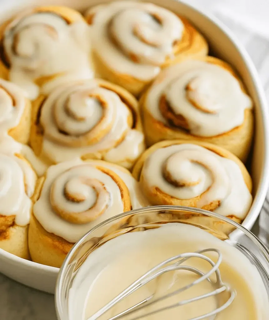 Baking dish of cinnamon rolls covered in cream cheese icing with a glass bowl of icing and a whisk in the foreground.