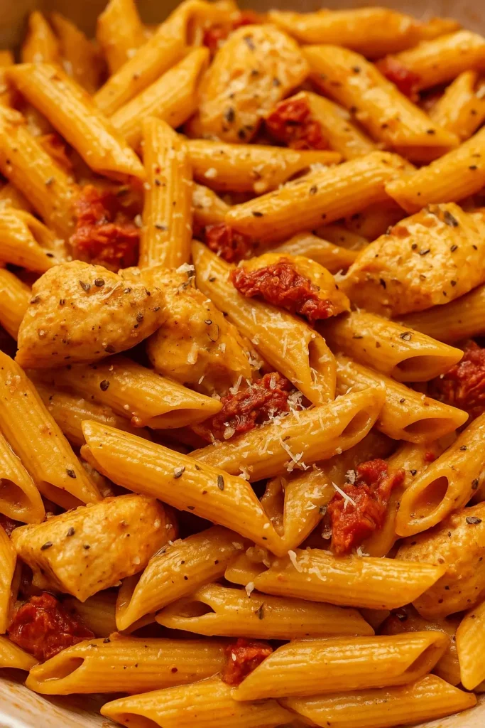 Close-up of creamy penne pasta with sun-dried tomatoes and tender chicken, seasoned and sprinkled with Parmesan