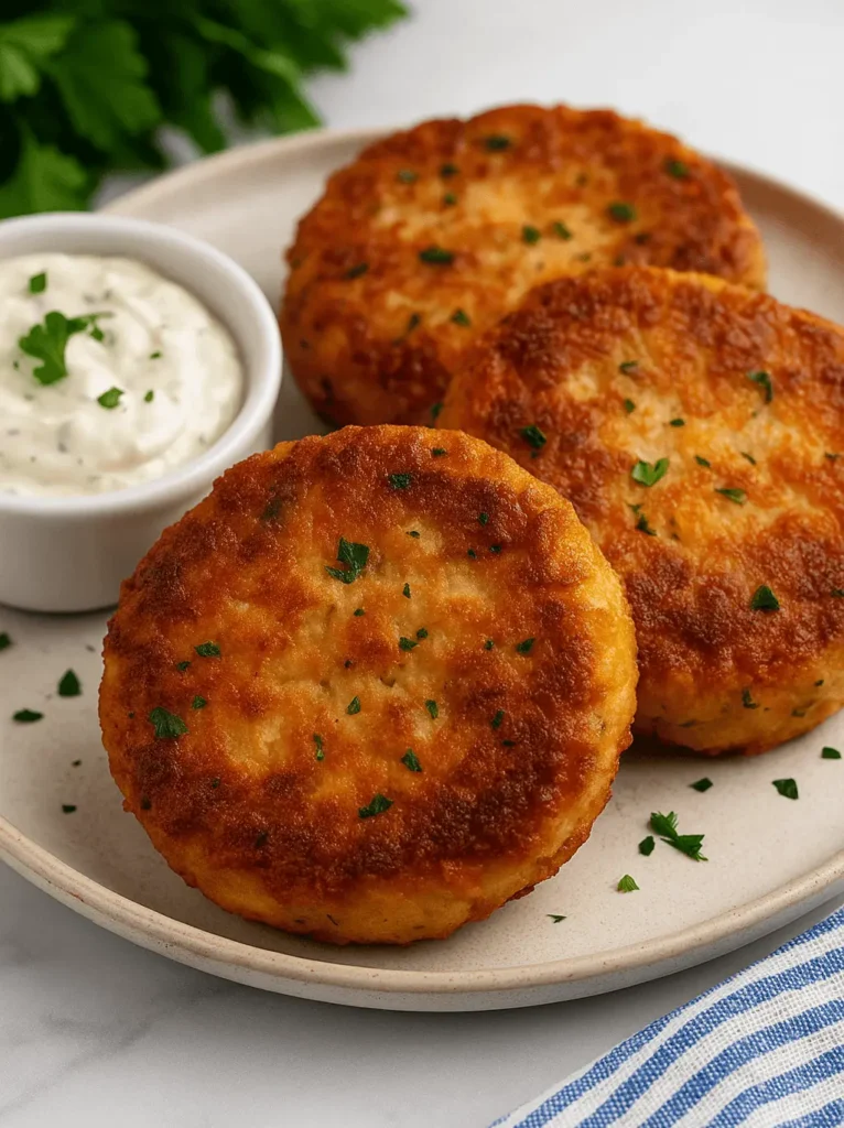 Three golden-brown salmon cakes garnished with parsley, served on a beige plate with a side of creamy dipping sauce.