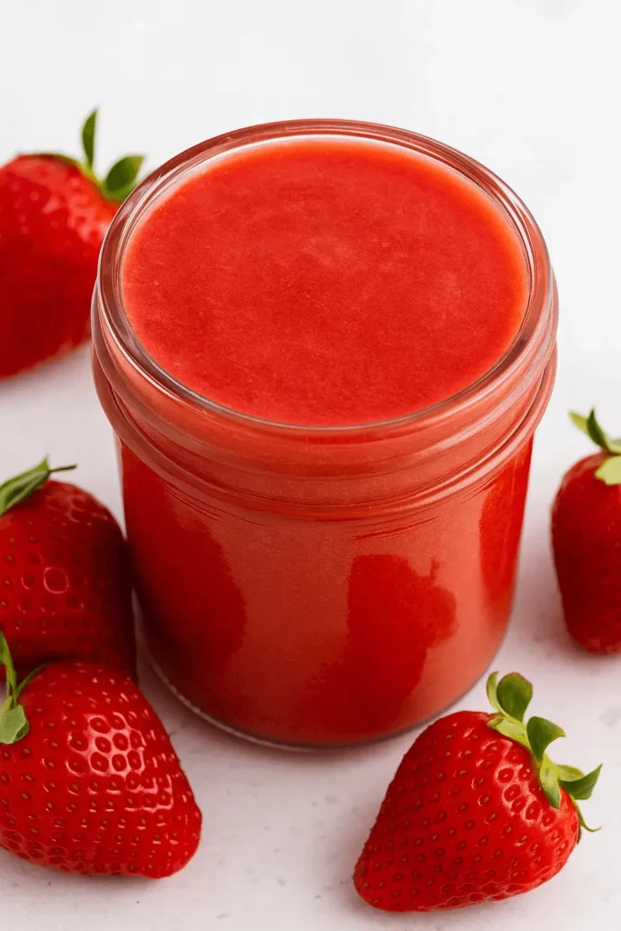 A close-up view of homemade strawberry puree in a glass jar surrounded by fresh strawberries on a white surface.