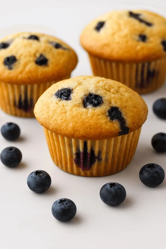 Freshly baked easy blueberry muffins with golden top and visible whole blueberries, surrounded by loose berries