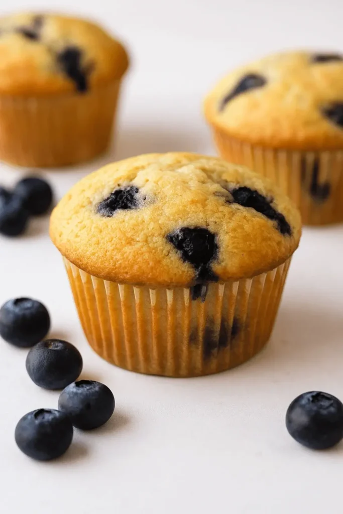 Golden blueberry muffin with fresh berries scattered on a white surface