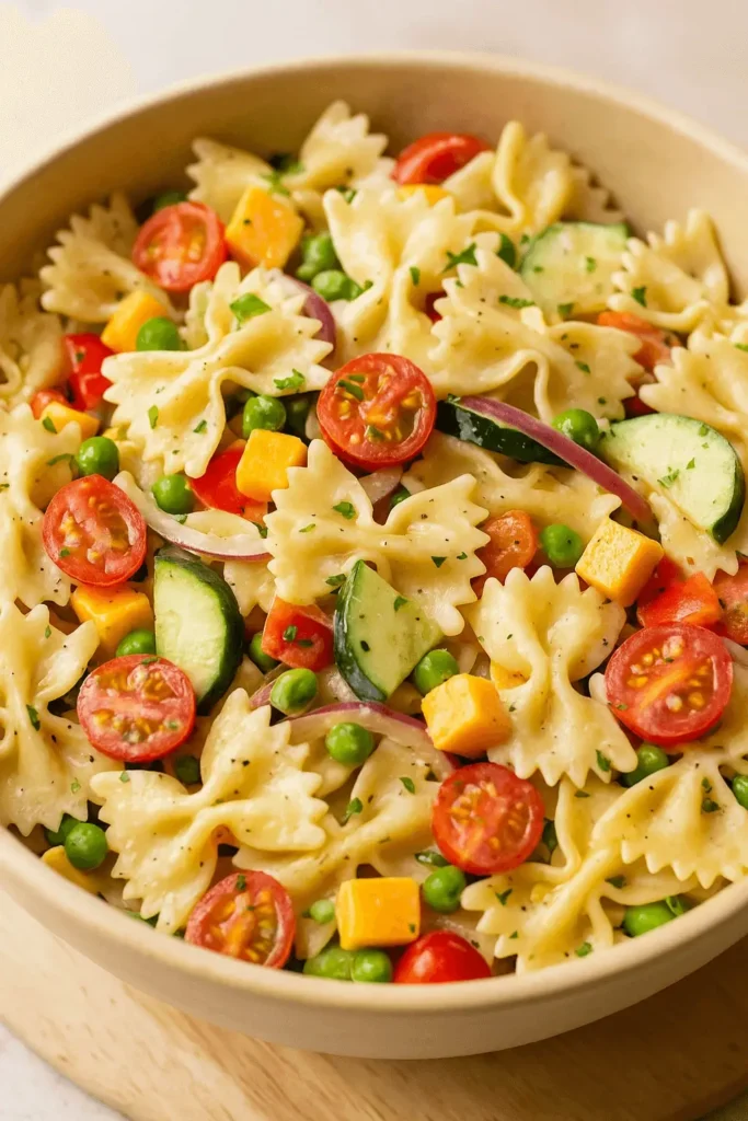 Colorful bow tie pasta salad with cherry tomatoes, cucumbers, peas, cheddar cheese, and creamy dressing in a beige bowl.
