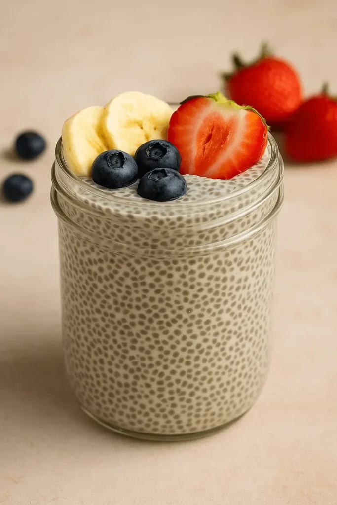 Chia seed pudding recipe in a glass jar topped with banana slices, blueberries, and fresh strawberry, with whole fruit in the background.
