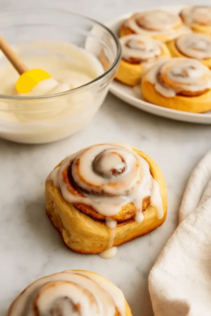 Close-up of a cinnamon roll topped with cream cheese icing, with a bowl of icing and more frosted rolls in the background.