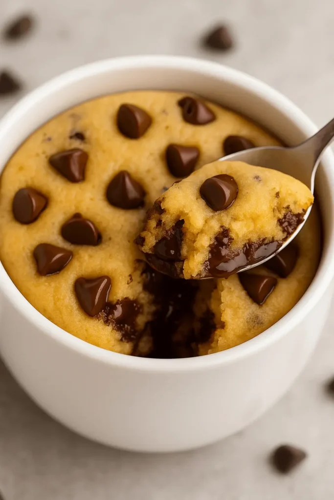 Spoonful of warm chocolate chip cookie in a mug with melted chips