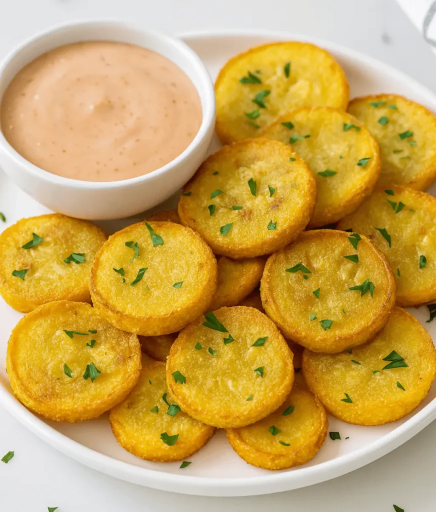 Crispy fried yellow squash rounds served with dipping sauce and fresh parsley on a white plate.
