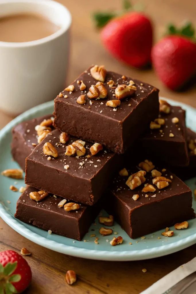 Easy fudge recipe featuring homemade chocolate fudge topped with chopped walnuts, served with coffee and fresh strawberries.