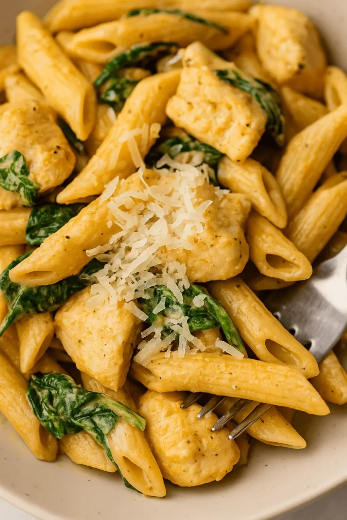 Close-up of garlic parmesan chicken pasta with penne, sautéed spinach, and fresh grated cheese