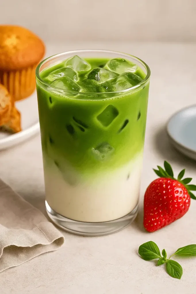 Iced matcha latte recipe served in a clear glass with ice, layered over milk, next to a strawberry and muffin on a light table.