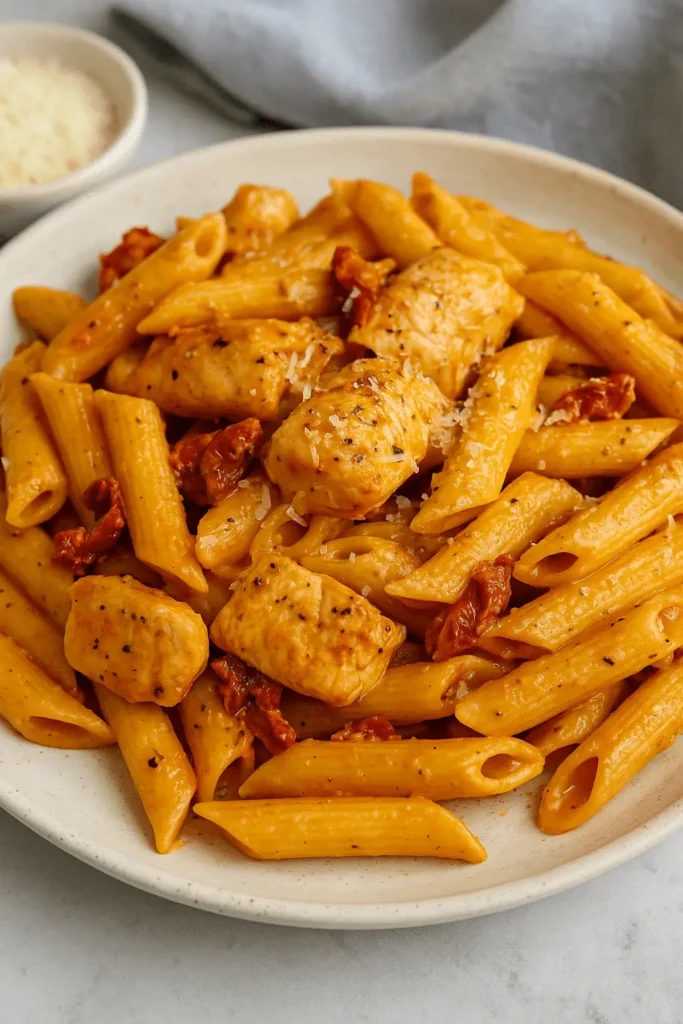 Creamy penne pasta with seared chicken and sun-dried tomatoes on a white plate
