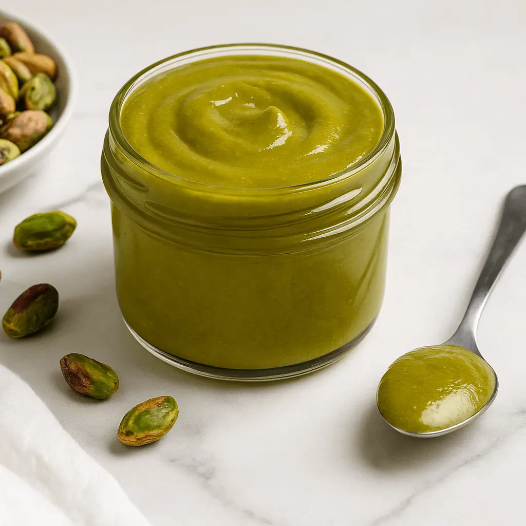 Glass jar filled with creamy homemade pistachio cream with a spoonful on the side and scattered pistachios on a white marble surface.