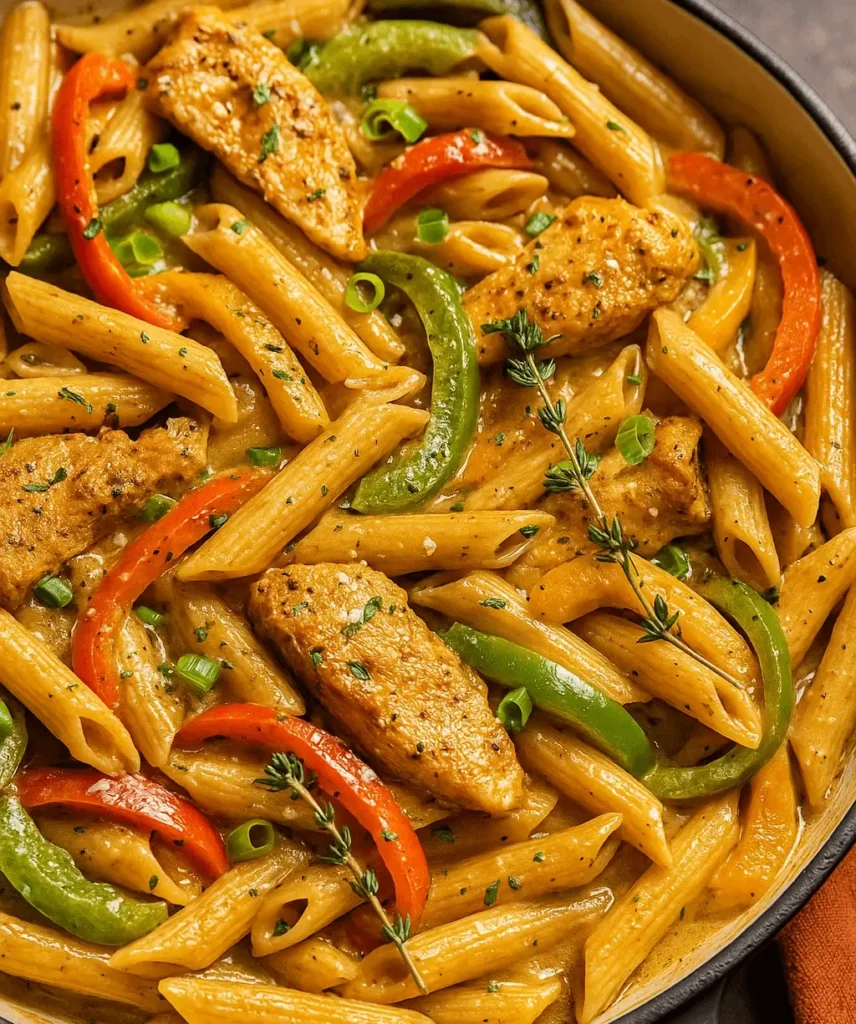 Creamy rasta pasta with chicken, bell peppers, and penne pasta in a skillet, topped with fresh herbs