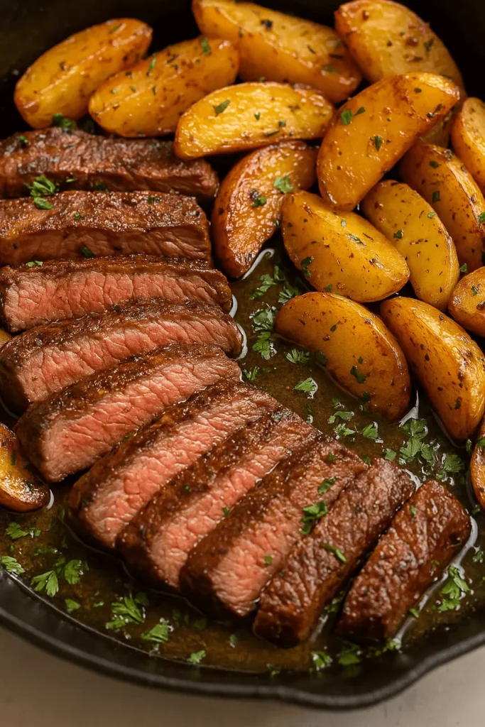 Sliced medium-rare steak with golden roasted potatoes in a cast iron skillet, garnished with herbs.