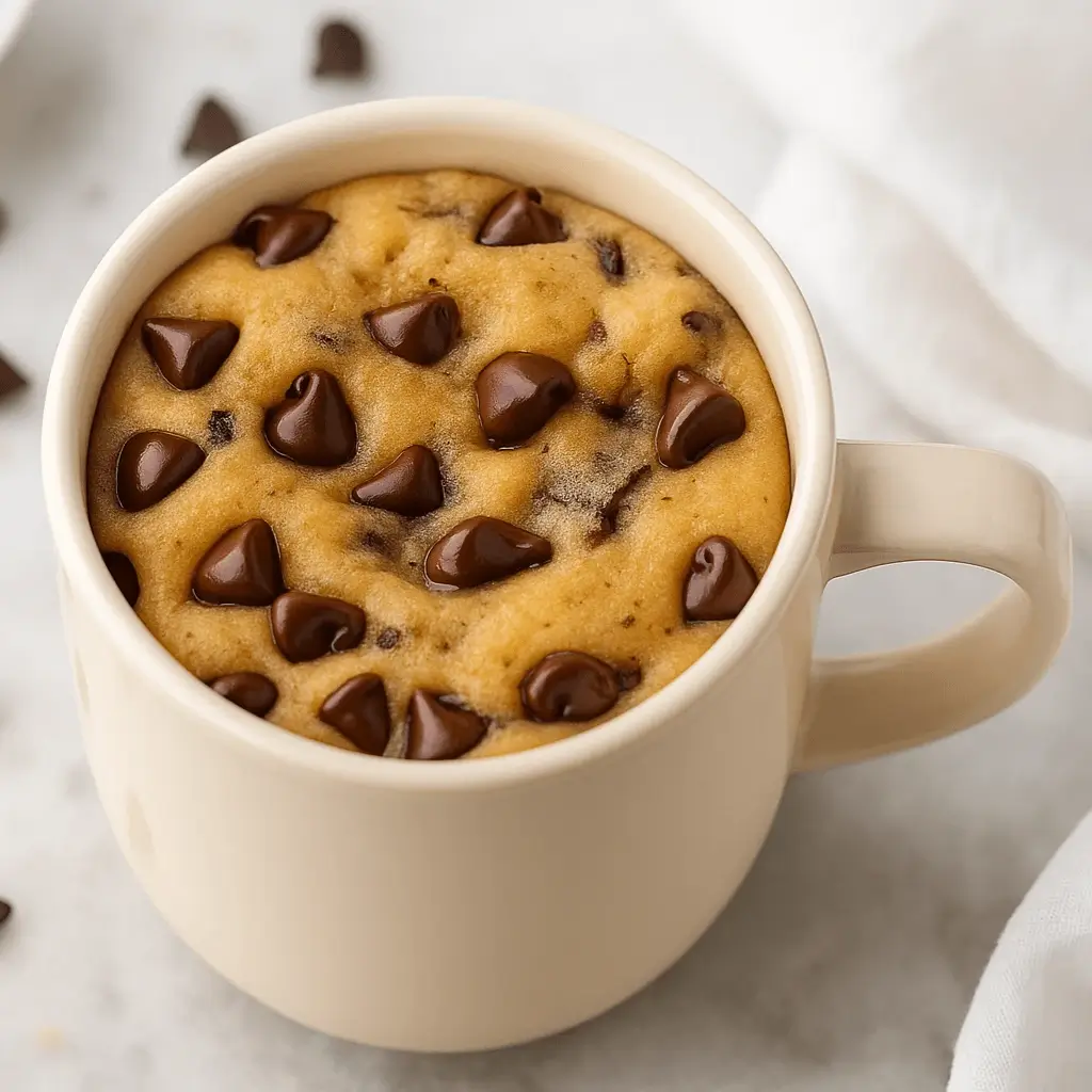 Freshly baked chocolate chip cookie in a white mug, topped with melted chocolate chips