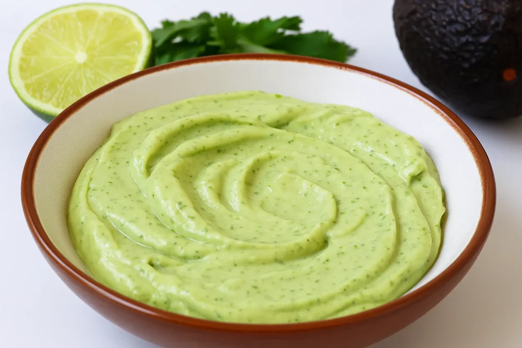 A bowl of creamy avocado crema with lime and cilantro in the background.