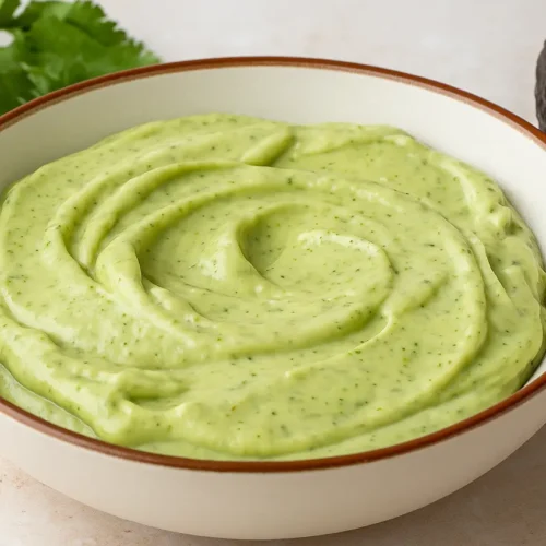 A bowl of avocado crema with lime, cilantro, and avocado in the background.